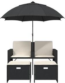 2 személyes fekete polyrattan kerti kanapé napernyővel/székkel