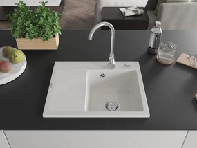 Mexen Ben gránit mosogató 1-medencés csepegtetővel, jobb oldal 600 x 500 mm, fehér, krómozott szifon - 6523605000-20