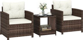 Outsunny 3 részes PE-rattan kerti szett — 2 párnázott fotel és üveglapos dohányzóasztal, barna/krém — erkély/terasz | Aosom
