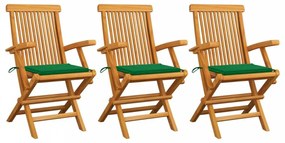 3 db tömör tíkfa kerti szék zöld párnával