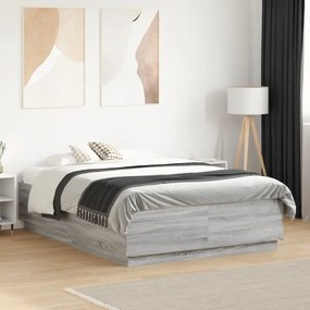 szürke sonoma színű szerelt fa ágykeret LED-del 135 x 190 cm