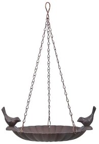 Felakasztható öntöttvas madáretető és itató, két kismadárral