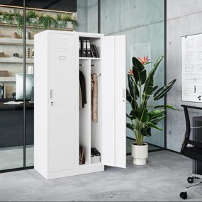 Pléh öltözőszekrény talpazaton, kétmodulos, polccal és köztes fallal KACPER, 800 x 1800 x 500 mm, fehér