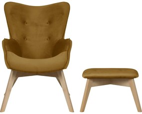 Mustársárga bársony fotel lábtartóval Niko – Ropez