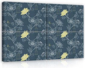 Vászonkép 120x80 moduláris virág madárkalitka sötétkék fehér sárga elegáns