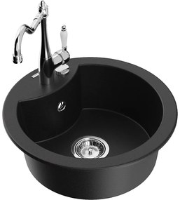 Mexen Diego, gránit mosogató 488x488x167 mm, 1 kamrás és mosogató csaptelep Carla, fekete, 6512-77-670700-00
