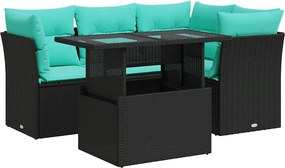 vidaXL 5 részes fekete polyrattan akácfa kerti kanapészett párnákkal