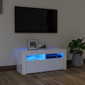 Magasfényű fehér TV-szekrény LED lámpákkal 90x35x40 cm