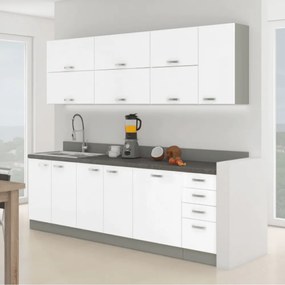 konyhabútor, fehér extra magasfényű/szürke, PRADO