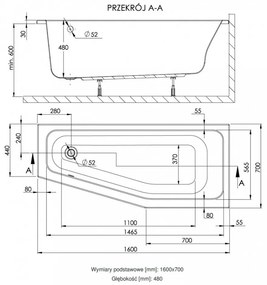 Keos 70x160x44 aszimmetrikus kád jobb