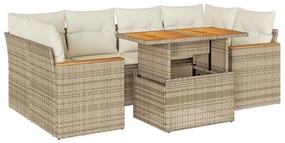 6 részes bézs polyrattan akácfa kerti ülőgarnitúra párnával
