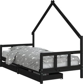 vidaXL fekete tömör fenyőfa gyerekágykeret fiókokkal 90 x 200 cm
