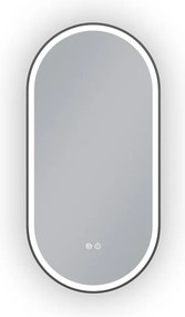 Erga Gwen, ovális LED tükör 50x100cm fekete fém keretben, 3 világos szín, elülső világítás, páramentes fűtőpárna, ERG-V01-GWEN-5010-BK