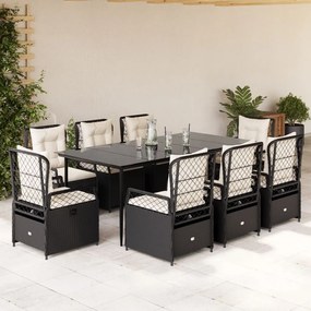 9 részes fekete polyrattan kerti étkezőgarnitúra párnákkal