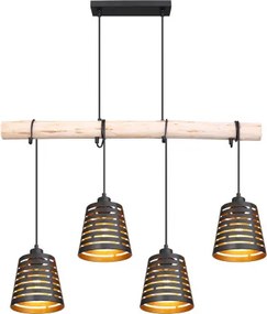 Globo 15451-4H Függeszték fém fekete alaplap, fekete kábel, fém fekete-arany búrák, natúr fa betéttel kombinálva. HxSZxM:850x170x1200, fényforrás nélkül 4xE27 60W 230V