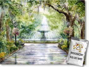 Fotótapéta Flizelina Tavasz Nyár Park Sikátor Szökőkút Virágok 200x140 ragasztó