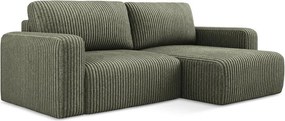 Zöld kordbársony kinyitható-tárolóhelyes sarokkanapé (jobb oldali-heverő résszel) Kona – Makamii