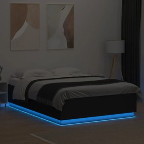 fekete szerelt fa ágykeret LED-világítással 160 x 200 cm