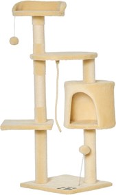 PawHut Macska Karpátka Nagy Platformokkal, Kunyhókkal és Játék Gömbökkel 114cm Bélyegzett Bézs Plüssben | Aosom