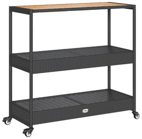3 szintes fekete polyrattan és tömör akácfa zsúrkocsi