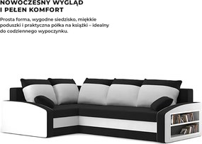 Grande sarokkanapé polcokkal , polc a jobb karfaban, baloldali, szövet anyag, hab töltet, fekete - fehér