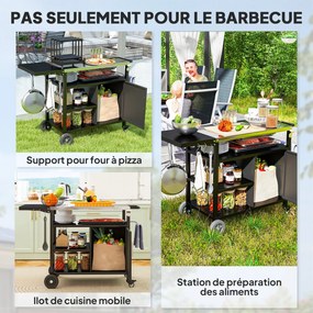 Outsunny Kültéri BBQ Kocsi Rozsdamentes Acél Felülettel, Összecsukható Polccal, Kampókkal, Takaróval, Kültéri Görgős Kocsi, 127x51x84cm, Fekete | Aoso