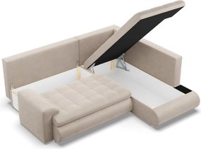 Tokio sarokkanapé, L alakú háttámlával, 2 ágyneműtartóval, bársony, jobboldali, bézs