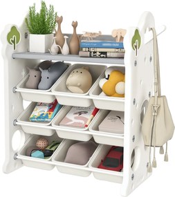 AIYAPLAY Gyermekpolc 4-szintes Játékpolc 9 Kivehető Dobozzal, Polc, Horog, Raktározó Polc Óvodákra és Játszótermekre, 77 x 42 x 94 cm, Törtfehér | Aos