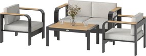 Outsunny 4 részes alumínium kerti lounge szett 4 személyre — vízálló, extra mély ülőfelületek, 2 személyes kanapé, 2 fotel, dohányzóasztal, bézs | Aos