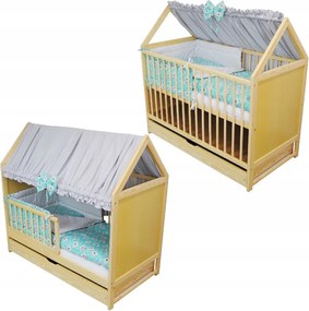 Kiságy szett kanapé 2in1 Jancsi házikó fiók fenyő 120x60 cm ágynemű