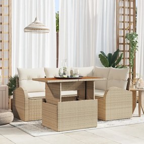 5 Részes Kerti Étkező Szett Párnákkal Bézs Poly Rattan Akác