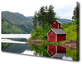 Vászonkép Mountain House Lake Landscape 100x50 cm