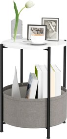 HOMCOM Kerek Éjjeliszekrény Polccal és Szövet Kosárral, Acél Kávézóasztal Nappaliba vagy Hálószobába 44 x 44 x 56 cm Szürke+Fehér | Aosom