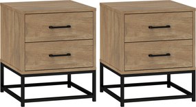 HOMCOM 2 db éjjeli szekrény 2 fiókkal, ipari stílusú éjjeliasztal hálószobába, nappaliba, méretei: 40 x 39,5 x 48 cm natúr fa kivitel | Aosom