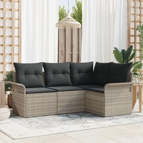 4 Részes Kerti Kanapé Szett Párnákkal Világosszürke Poly Rattan, 2 személyes Kerti Kanapé Tárolóval és Párnákkal Világosszürke Poly Rattan