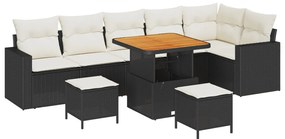 9 darabos kerti ülőgarnitúra párnákkal, fekete poli rattan akácfából, 3 darabos kerti étkező szett párnákkal, fekete poli rattan akácfából