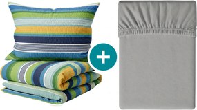 Krepp ágyneműhuzat LINIE kék szett + Jersey lepedő 90 x 200 cm világosszürke, egyszemélyes