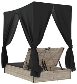 világosszürke polyrattan dupla napozóágy tetővel és függönnyel