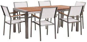 Hatszemélyes étkezőasztal eukaliptusz asztallappal és fehér textilén székekkel GROSSETO Beliani