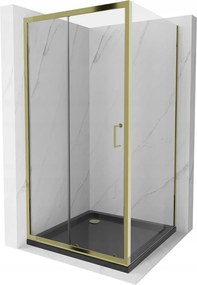 Mexen Apia zuhanykabin tolóajtóval 100 (ajtó) x 100 (fal) cm, 5mm átlátszó üveg, arany profil + fekete SLIM zuhanytálca, 840-100-100-50-00-4070G
