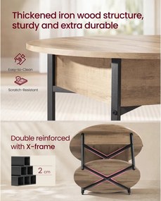VASAGLE kerek emelhető dohányzóasztal rejtett rekeszzzel, 80 cm, teveszürke-fekete