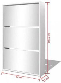 3 szintes fehér cipőszekrény tükörrel 63 x 17 x 102,5 cm