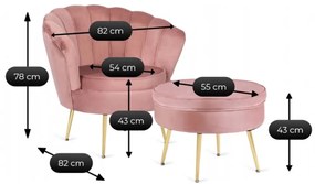 Elegáns Fotel Lábtartóval Rózsaszín Bársony Kárpittal. GRAND
