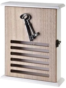Fa fali kulcstartó szekrény rácsos ajtóval, kulcs dekorral - 26,5x6x20 cm
