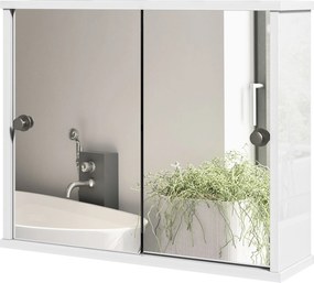 Kleankin Fürdőszobai Tükörszekrény Állítható Polccal és Dupla Csúszóajtóval, 55x15x45 cm Magasfényű Fehér | Aosom