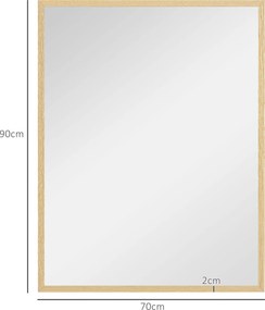HOMCOM Téglalap alakú Fali Tükör 90 x 70 cm, fa keret, ideális fürdőszobába, nappaliba vagy hálószobába, natúr | Aosom