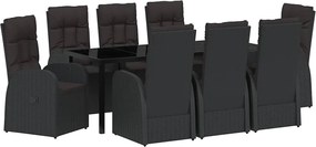 vidaXL Kert étkező szett párnával 9 pcs Fekete polirattan