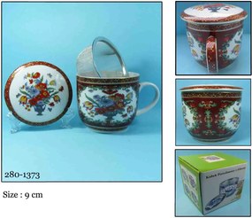 Befőző bögre porcelán fedél csészealj szűrő népi motívum színes