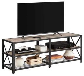 TV szekreny, TV-asztal polcokkal, acélkerettel, 140 x 52 x 39 cm, greige és fekete