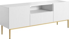 Nicole 150 cm-es TV-szekrény nyitott polccal - matt fehér / arany lábak